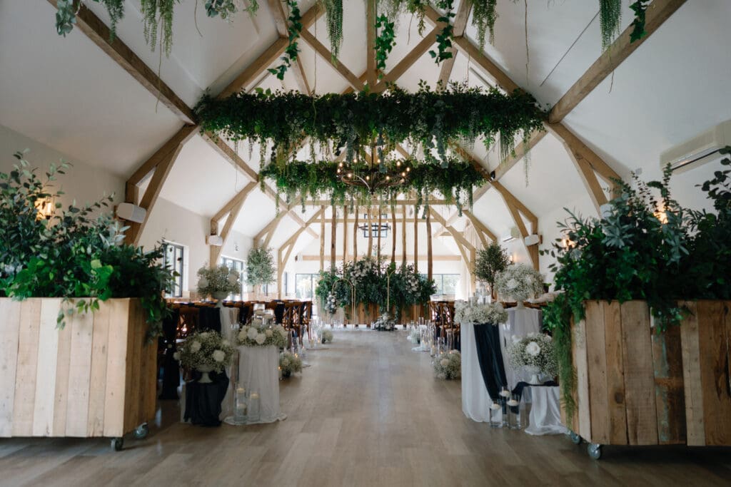 Wide shot of the River Barn wedding ceremony space, in Poulton-le-Fylde, by Nessworthy Pictures